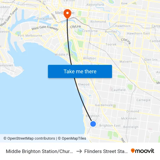 Middle Brighton Station/Church St to Flinders Street Station map