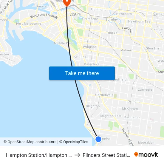 Hampton Station/Hampton St to Flinders Street Station map