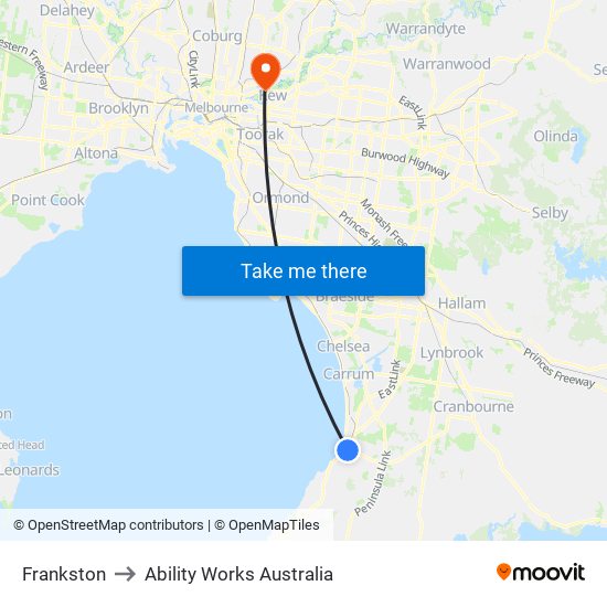 Frankston to Ability Works Australia map