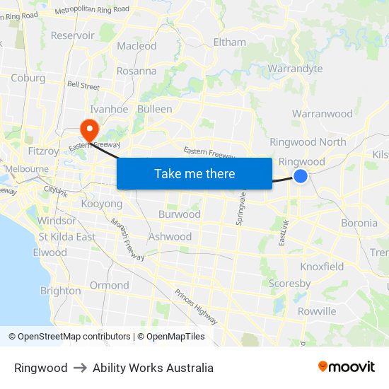 Ringwood to Ability Works Australia map