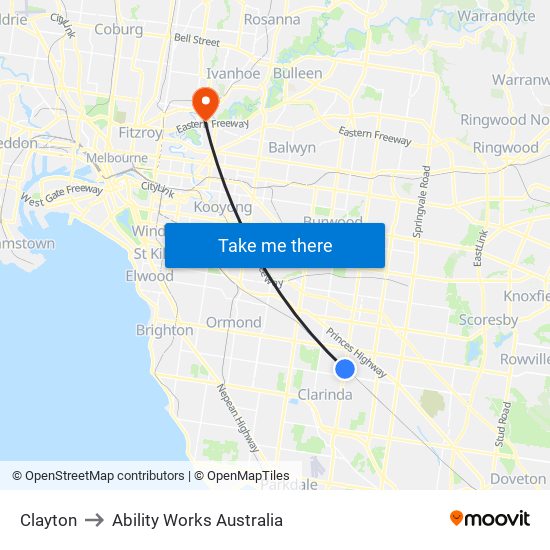 Clayton to Ability Works Australia map