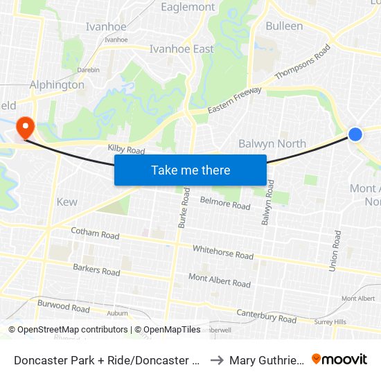 Doncaster Park + Ride/Doncaster Rd (Doncaster) to Mary Guthrie House map