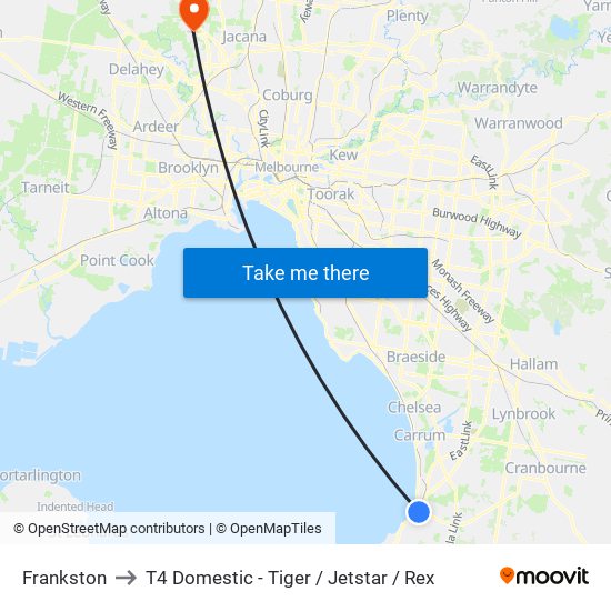 Frankston to T4 Domestic - Tiger / Jetstar / Rex map