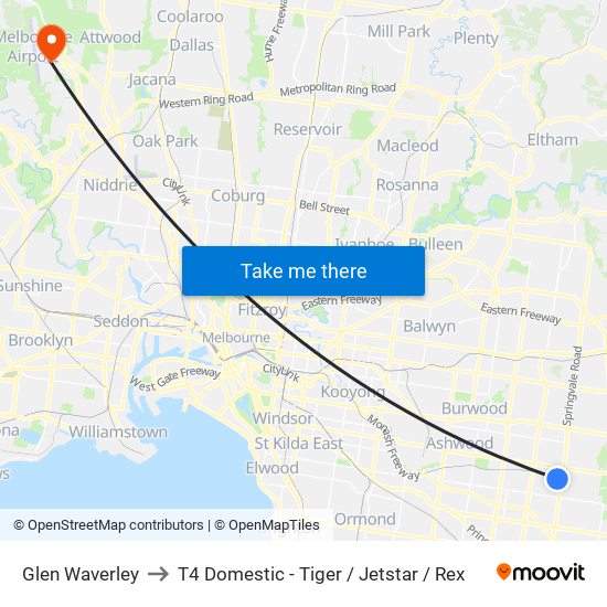 Glen Waverley to T4 Domestic - Tiger / Jetstar / Rex map