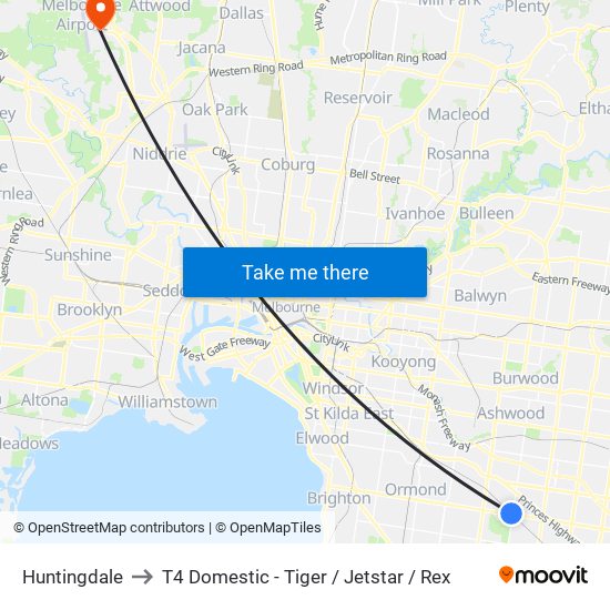 Huntingdale to T4 Domestic - Tiger / Jetstar / Rex map