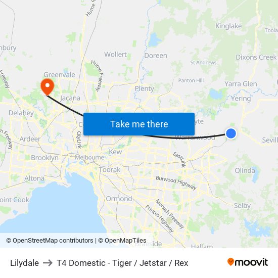 Lilydale to T4 Domestic - Tiger / Jetstar / Rex map