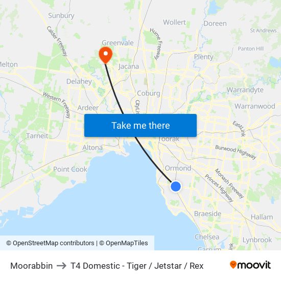 Moorabbin to T4 Domestic - Tiger / Jetstar / Rex map