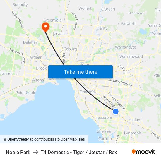 Noble Park to T4 Domestic - Tiger / Jetstar / Rex map