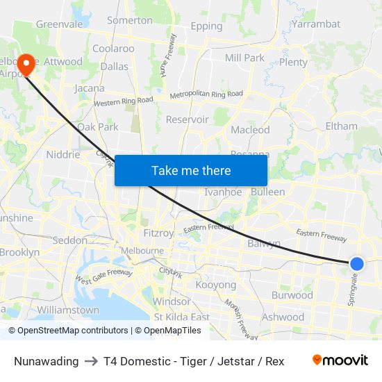 Nunawading to T4 Domestic - Tiger / Jetstar / Rex map