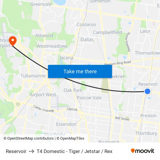 Reservoir to T4 Domestic - Tiger / Jetstar / Rex map