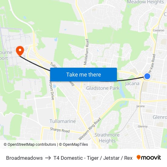 Broadmeadows to T4 Domestic - Tiger / Jetstar / Rex map