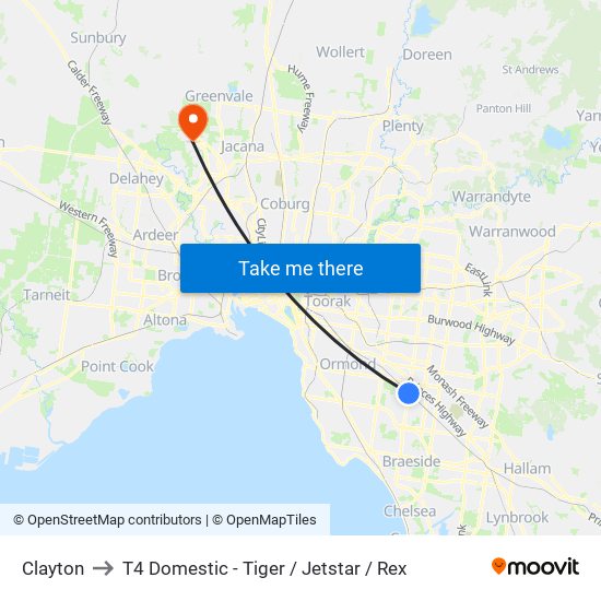 Clayton to T4 Domestic - Tiger / Jetstar / Rex map