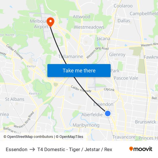 Essendon to T4 Domestic - Tiger / Jetstar / Rex map