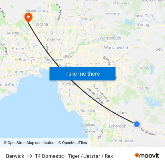 Berwick to T4 Domestic - Tiger / Jetstar / Rex map