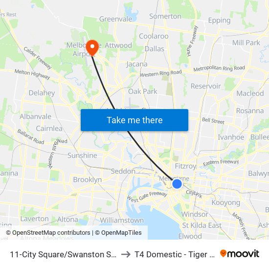 11-City Square/Swanston St (Melbourne City) to T4 Domestic - Tiger / Jetstar / Rex map