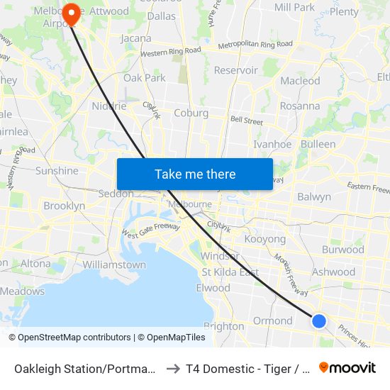 Oakleigh Station/Portman St (Oakleigh) to T4 Domestic - Tiger / Jetstar / Rex map