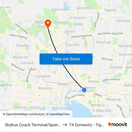 Skybus Coach Terminal/Spencer St (Melbourne City) to T4 Domestic - Tiger / Jetstar / Rex map