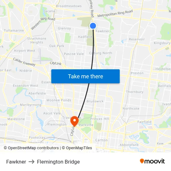 Fawkner to Flemington Bridge map