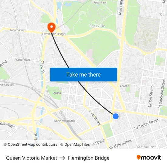 Queen Victoria Market to Flemington Bridge map