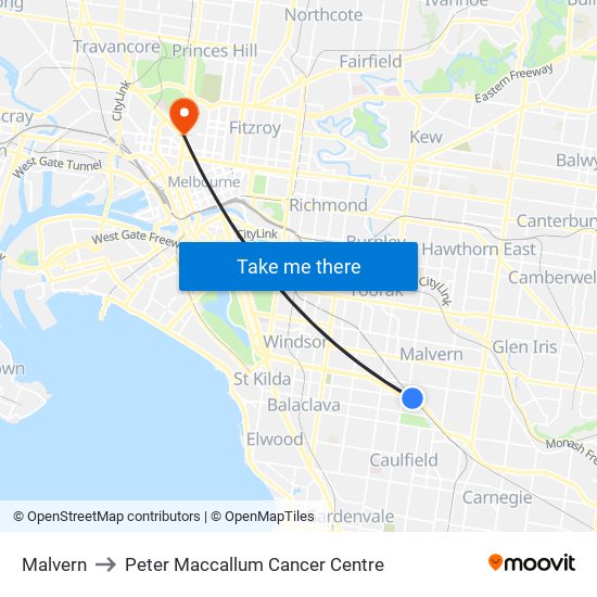 Malvern to Peter Maccallum Cancer Centre map