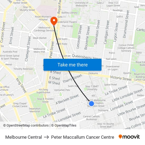 Melbourne Central to Peter Maccallum Cancer Centre map
