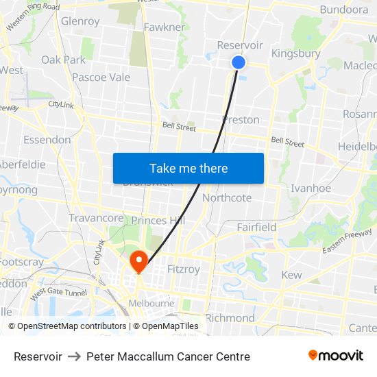 Reservoir to Peter Maccallum Cancer Centre map