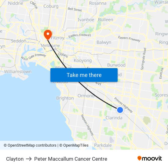 Clayton to Peter Maccallum Cancer Centre map