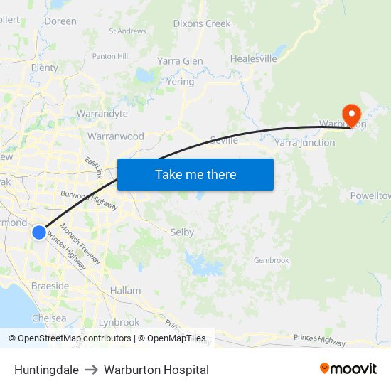 Huntingdale to Warburton Hospital map