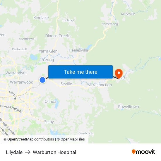 Lilydale to Warburton Hospital map