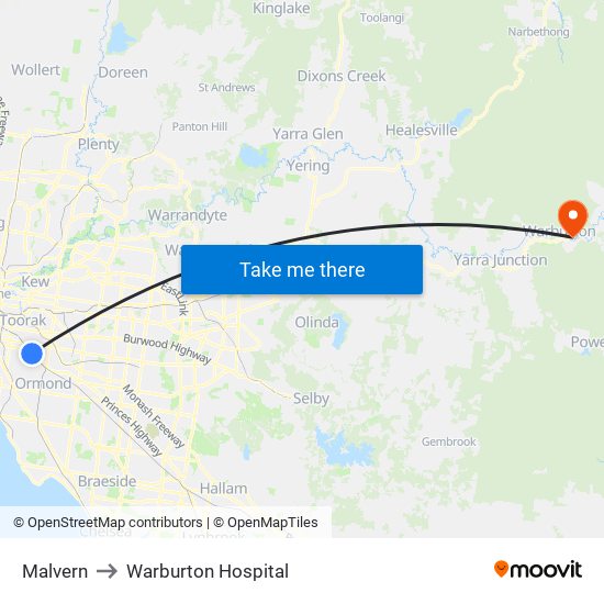 Malvern to Warburton Hospital map