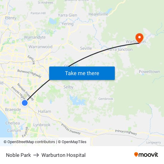 Noble Park to Warburton Hospital map