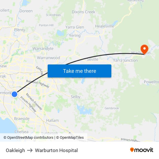 Oakleigh to Warburton Hospital map