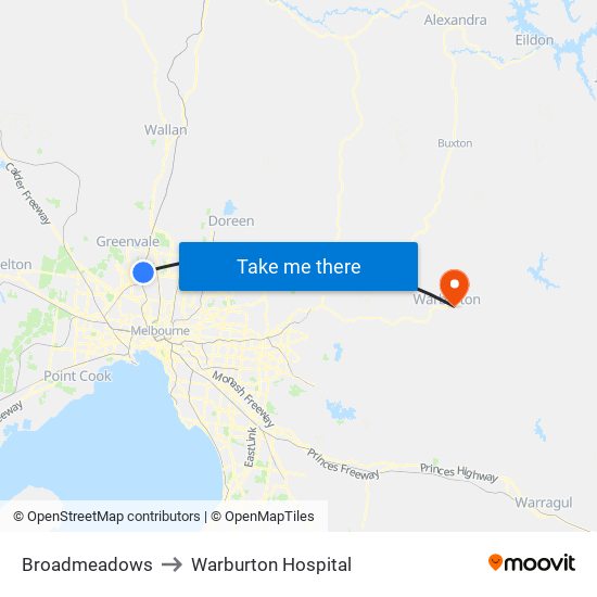 Broadmeadows to Warburton Hospital map