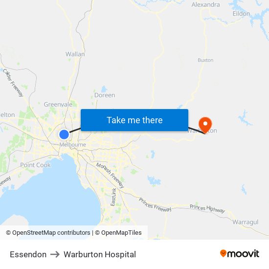 Essendon to Warburton Hospital map