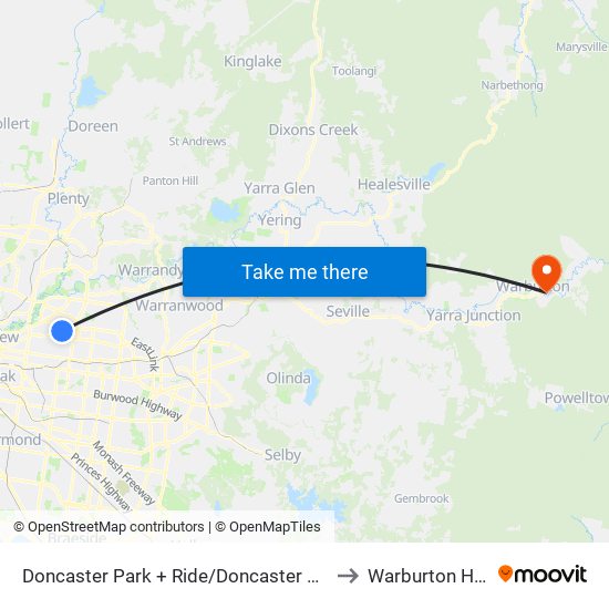 Doncaster Park + Ride/Doncaster Rd (Doncaster) to Warburton Hospital map