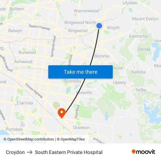 Croydon to South Eastern Private Hospital map