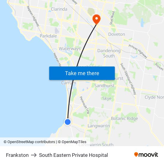 Frankston to South Eastern Private Hospital map