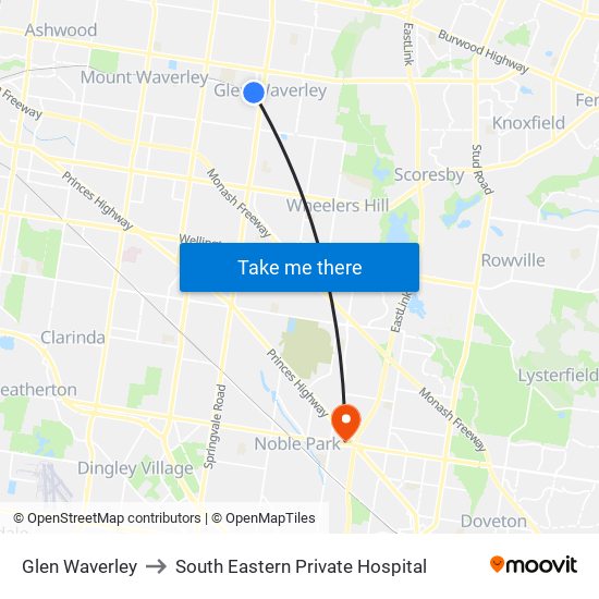 Glen Waverley to South Eastern Private Hospital map