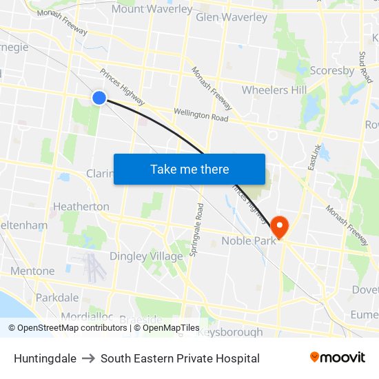 Huntingdale to South Eastern Private Hospital map
