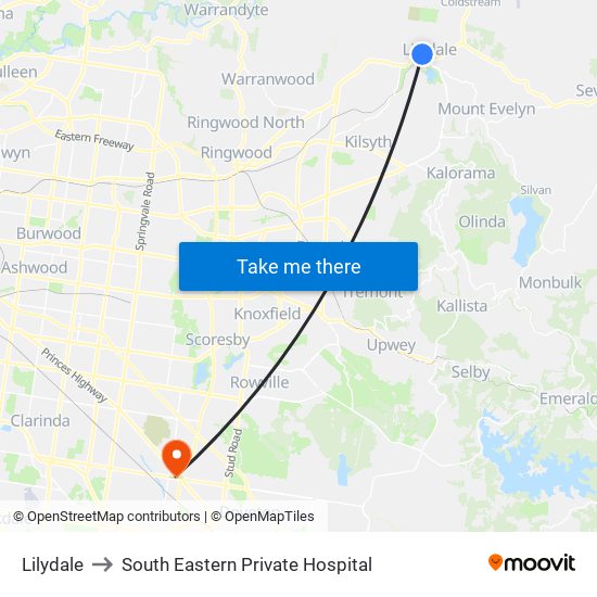 Lilydale to South Eastern Private Hospital map