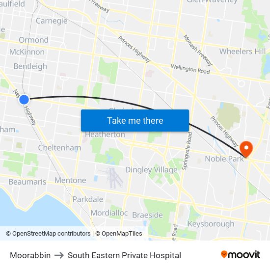 Moorabbin to South Eastern Private Hospital map