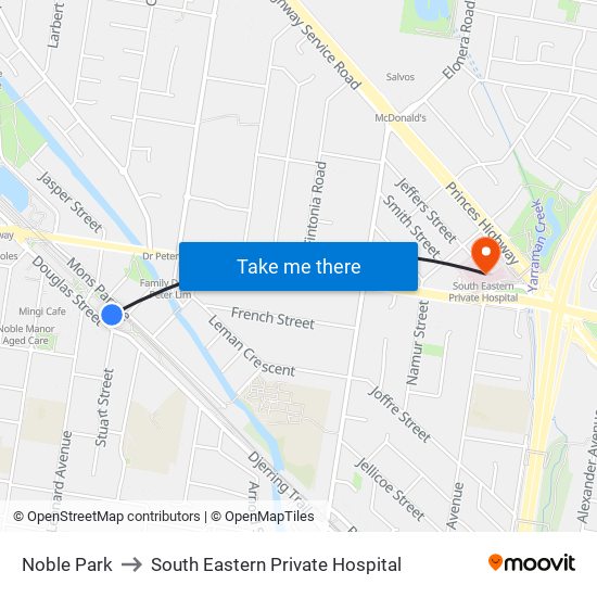 Noble Park to South Eastern Private Hospital map