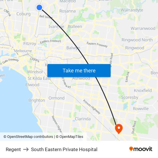 Regent to South Eastern Private Hospital map