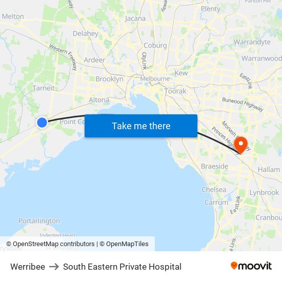 Werribee to South Eastern Private Hospital map