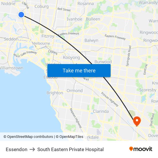 Essendon to South Eastern Private Hospital map