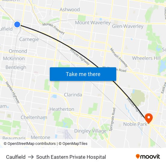 Caulfield to South Eastern Private Hospital map