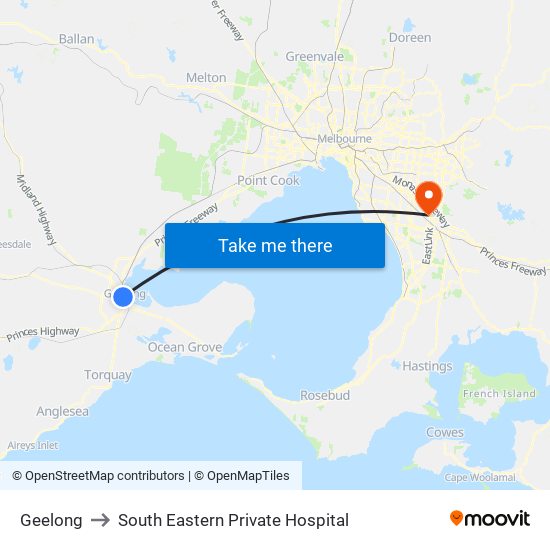 Geelong to South Eastern Private Hospital map