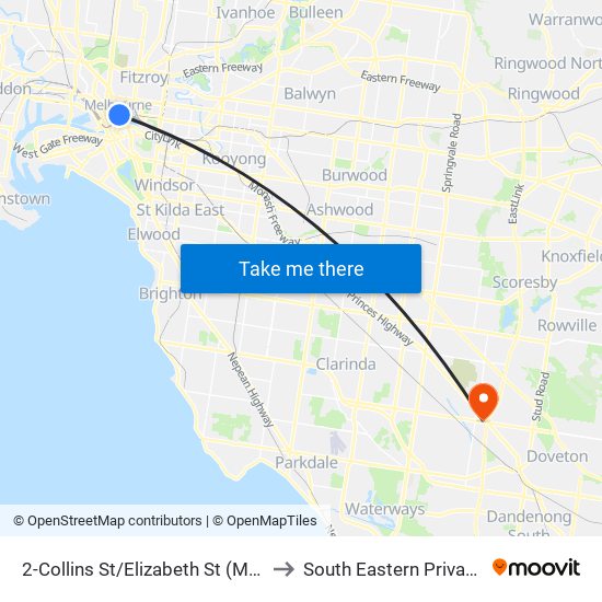 2-Collins St/Elizabeth St (Melbourne City) to South Eastern Private Hospital map