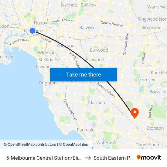 5-Melbourne Central Station/Elizabeth St (Melbourne City) to South Eastern Private Hospital map