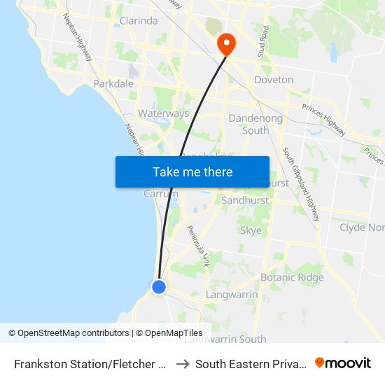 Frankston Station/Fletcher Rd (Frankston) to South Eastern Private Hospital map